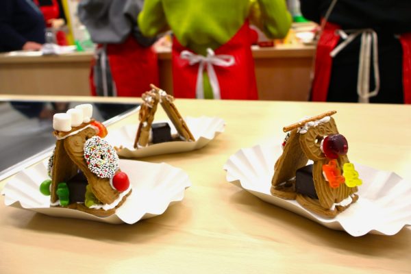 Es sind drei dreiecksförmige Lebkuchenhäuser zusehen, die aus Spekulatiuskeksen gebaut wurden und mit Gummibärchen und anderen Sßigkeiten verziert wurden