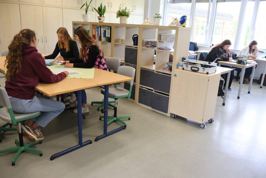 Mehrere angehende Betriebsleiterinnen der Fachschule für Hauswirtschaft sitzen in einem hellen Klassenraum an Tischen. Im Vordergrund arbeiten vier junge Frauen gemeinsam an einem großen Blatt Papier. Im Hintergrund sitzen weitere Frauen an einem Tisch und schreiben oder lesen. Der Raum ist mit Regalen, Pflanzen und Unterrichtsmaterialien ausgestattet. Große Fenster lassen viel Tageslicht herein.