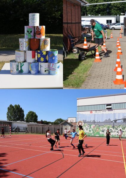 Oben links steht eine Pyramide aus bunt bemalten Dosen auf einem Tisch im Freien. Oben rechts schiebt eine Person in sportlicher Kleidung eine Schubkarre durch einen Parcours aus orange-weißen Hütchen auf einem gepflasterten Weg neben einem Gebäude. Unten spielen mehrere Jugendliche auf einem roten Außensportfeld Basketball; im Hintergrund ist eine bemalte Wand mit Naturmotiven zu sehen. Die Szenen zeigen verschiedene Aktivitäten beim Sport- und Spielevent der Berufsvorbereitungsklassen am BBZ am NOK.