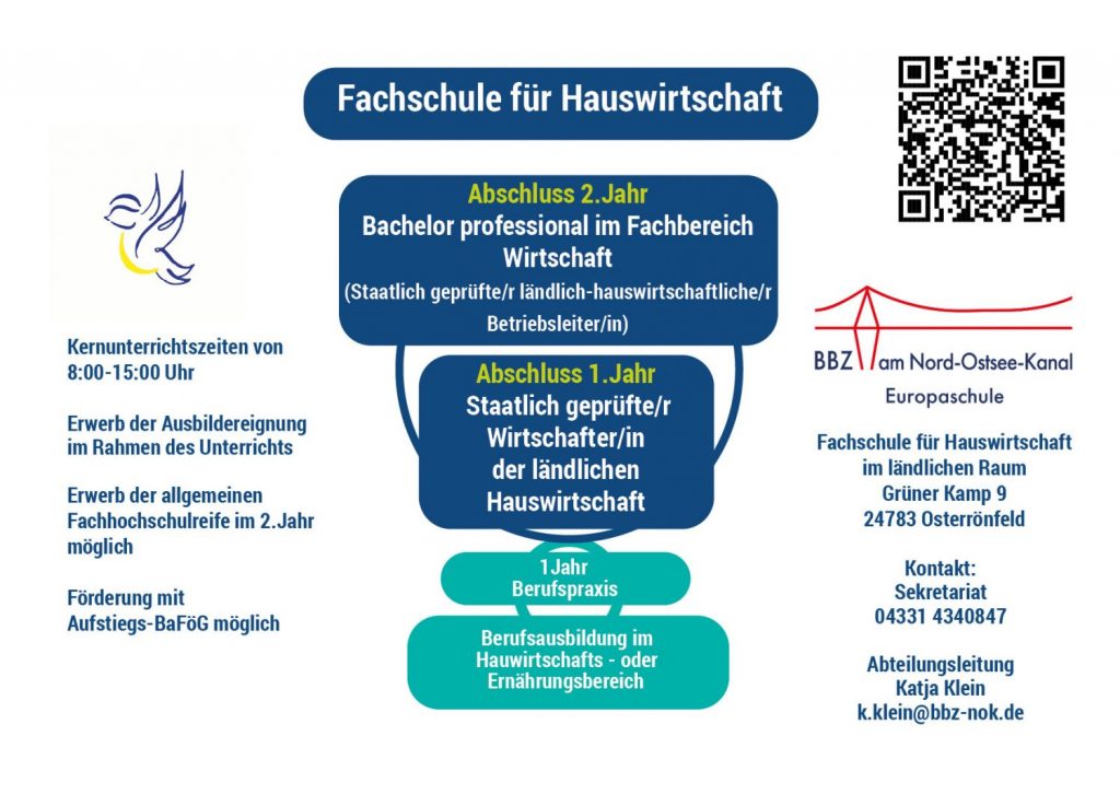 Zentrale Elemente sind eine Infografik und mehrere Textblöcke zur Fachschule Hauswirtschaft am Berufsbildungszentrum am Nord-Ostsee-Kanal in Rendsburg, Standort Osterrönfeld. Links oben befindet sich eine stilisierte, einfarbige Taube mit einem grünen Zweig. Darunter stehen Unterrichtszeiten und Hinweise zu Ausbildungsinhalten, Praktika und Fördermöglichkeiten. In der Mitte hebt ein blauer Balken mit weißer Schrift den Titel 'Fachschule für Hauswirtschaft' hervor. Zwei farblich abgesetzte Kästen darunter informieren über die Abschlüsse: Bachelor professional im Fachbereich Wirtschaft sowie Staatlich geprüfte/r Hauswirtschafter/in. Ein grüner Kasten nennt Berufspraxis und Berufsausbildung im hauswirtschaftlichen oder Ernährungsbereich. Rechts oben ist das Logo des BBZ am Nord-Ostsee-Kanal mit rotem Schriftzug und stilisiertem Kanalverlauf. Darunter stehen Kontaktdaten, Adresse und Ansprechpartnerin Katja Klein. Die Gestaltung nutzt Weißraum, klare Linien und verschiedene Farben zur Strukturierung.