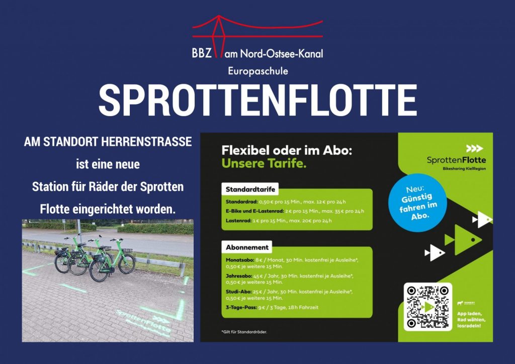 Im Vordergrund steht eine Infografik zur Sprottenflotte am BBZ am Nord-Ostsee-Kanal. Links ist eine Aufnahme eines Fahrradständers mit mehreren grünen Fahrrädern der Sprottenflotte zu sehen, die auf einem gepflasterten Bereich abgestellt sind. Daneben befindet sich eine Markierung auf dem Boden. Rechts werden auf schwarzem Hintergrund die Tarife und Abonnements der Sprottenflotte übersichtlich dargestellt. Die Tarifübersicht ist in grünen Kästen angeordnet und enthält Informationen zu Standardtarifen und Abonnements. Ein QR-Code ist unten rechts platziert. Oben sind die Logos und Namen des BBZ am Nord-Ostsee-Kanal und der Sprottenflotte prominent eingeblendet.